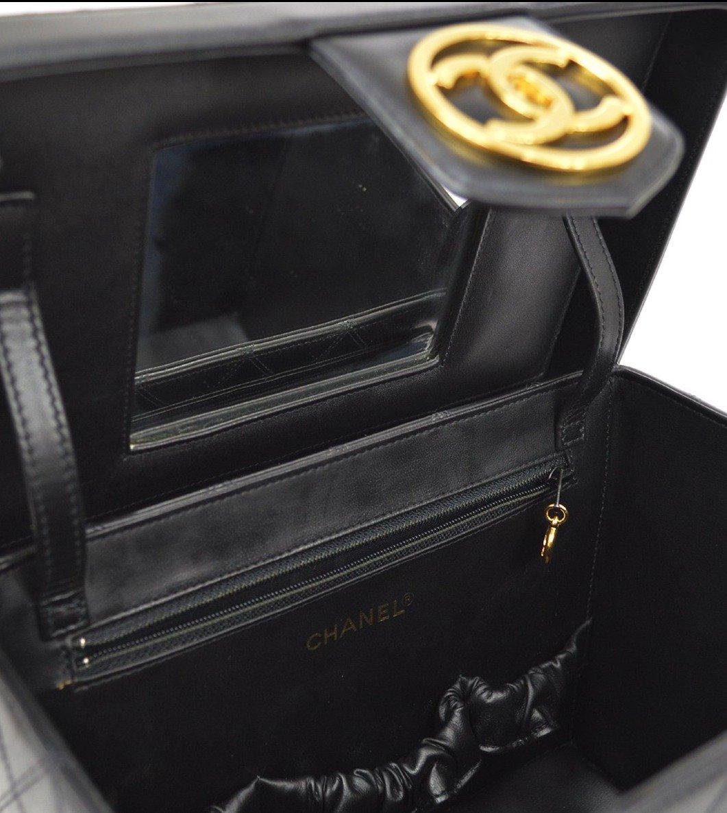 Women's CHANEL CC Black Calfskin Leather Stitch Gold Cosmetic Vanity Top Handle Bag
