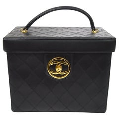 CHANEL CC Black Calfskin Leather Stitch Gold Cosmetic Vanity Top Handle Bag