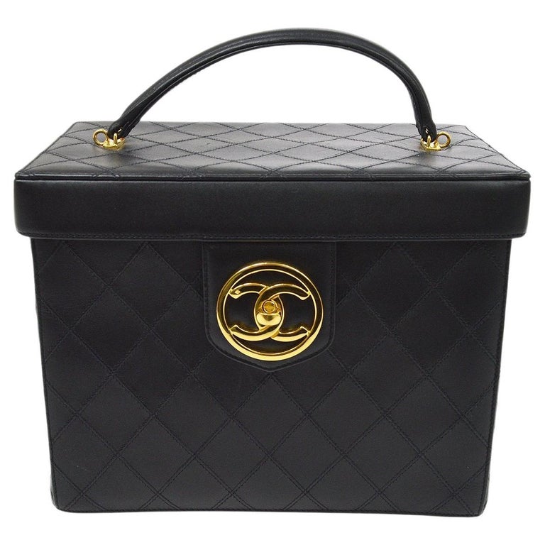 CHANEL CC Black Calfskin Leather Stitch Gold Cosmetic Vanity Top Handle Bag  For Sale at 1stDibs