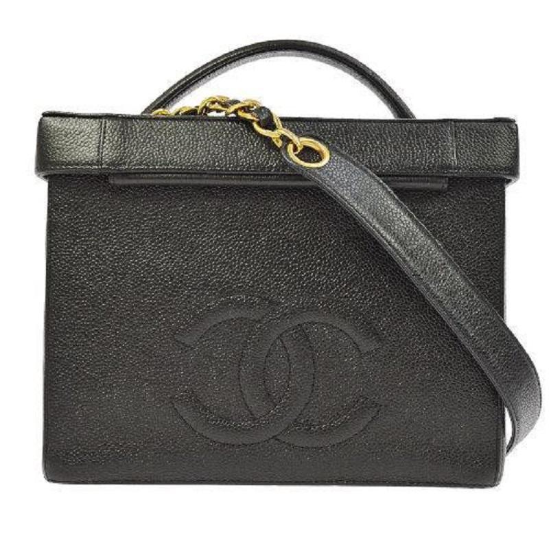 CHANEL CC Schwarze Kaviar Leder Gold Kosmetik-Reise-Schmink-Top Handle Bag Damen im Angebot