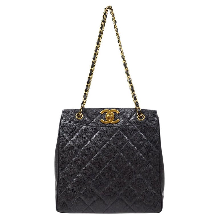 CHANEL CC Black Caviar Quilted Gold Hardware Chain Carryall Shopper Tote Bag  For Sale at 1stDibs