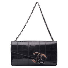 Vintage Chanel CC Black Chocolate Bar Quilted Diagonal Flap Bag