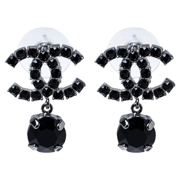 Chanel CC Black Crystal Silver Tone Drop Earrings