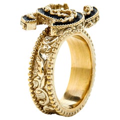 Chanel CC Black Enamel Gold Tone Cocktail Ring Size 52