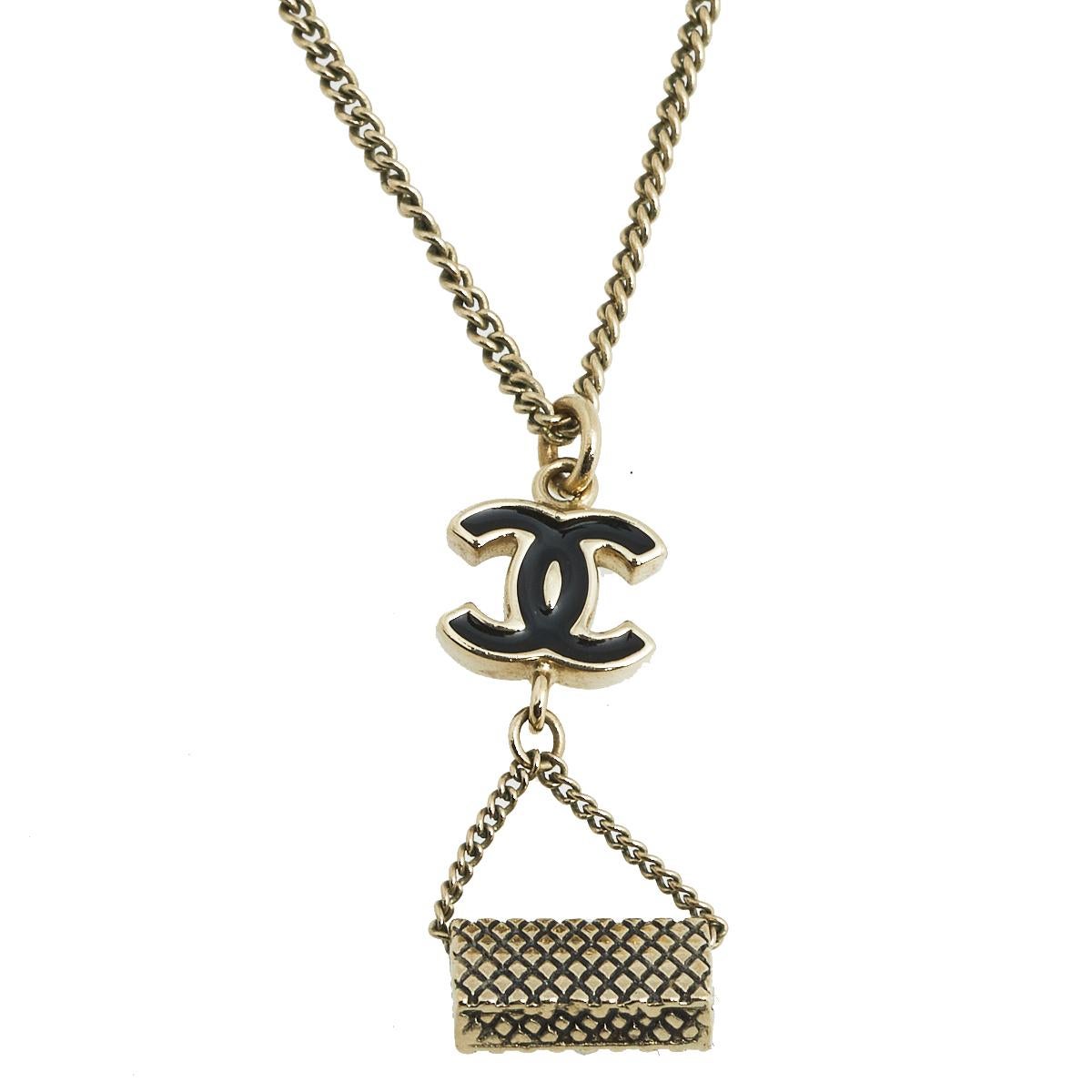 Contemporary Chanel CC Black Enamel Gold Tone Flap Bag Charm Pendant Necklace