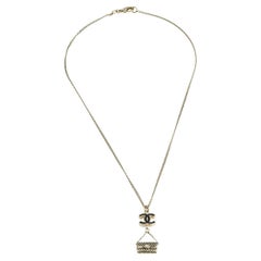 Chanel CC Black Enamel Gold Tone Flap Bag Charm Pendant Necklace