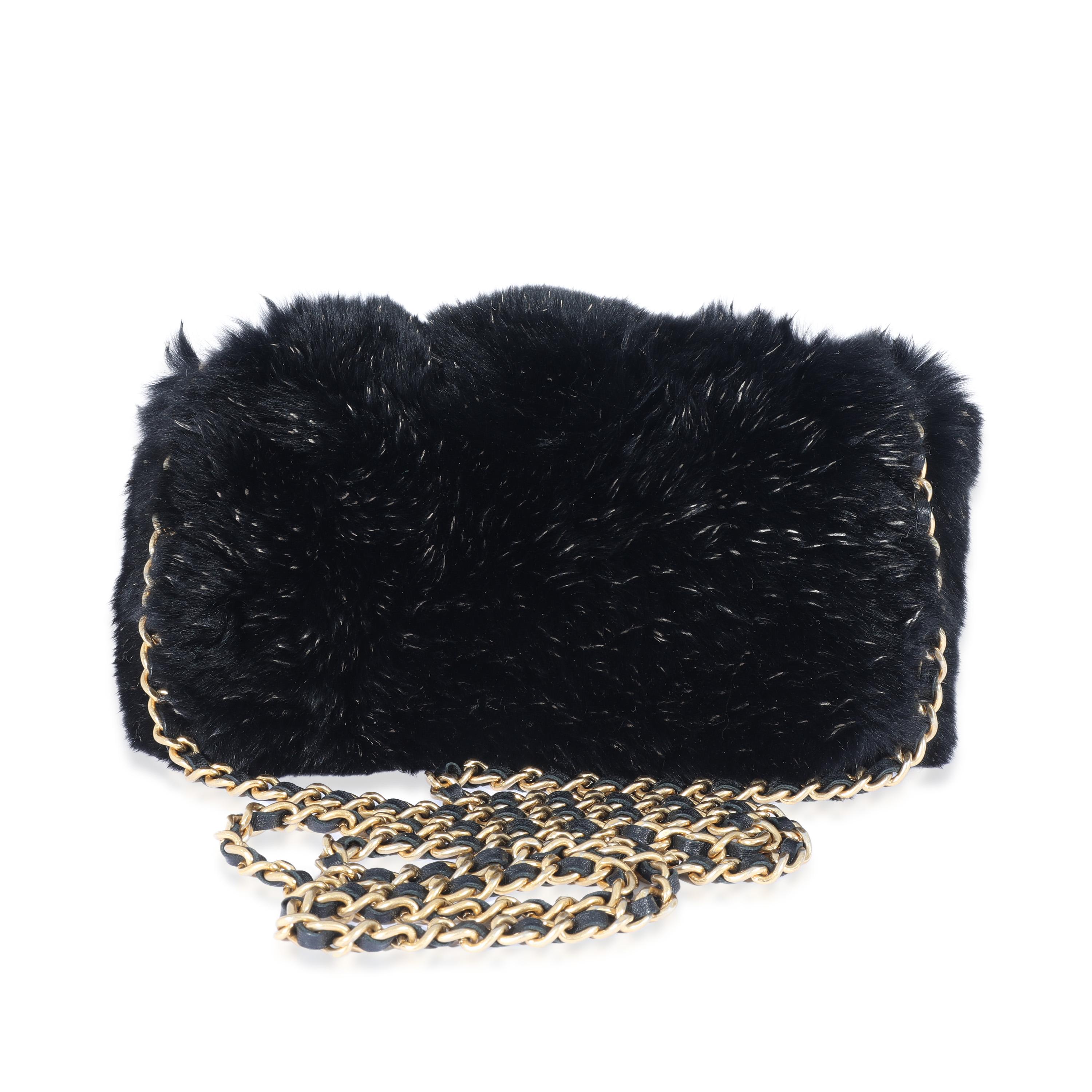 Chanel CC Black Fur Chain Clutch In Excellent Condition For Sale In New York, NY