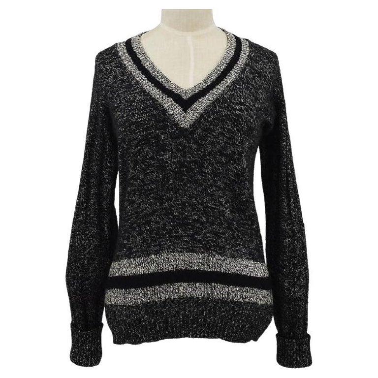 CHANEL CC Black Grey Ivory Stripe Cashmere V-Neck Women's Sweater For Sale  at 1stDibs