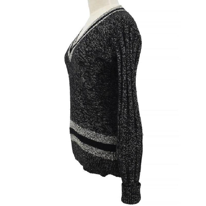 CHANEL CC Black Grey Ivory Stripe Cashmere V-Neck Women's Sweater In Good Condition For Sale In Chicago, IL