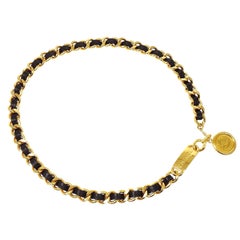 Vintage CHANEL CC Black Lambskin Leather Gold Metal Charm Chain Link Waist Belt