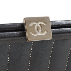 CHANEL CC Black Lambskin Leather Stitch Silver Hardware Evening Party Clutch Bag