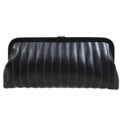 CHANEL CC Black Lambskin Leather Stitch Silver Hardware Evening Party Clutch Bag