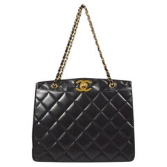CHANEL CC Black Lambskin Quilted Gold e Evening Carryall Shoulder Tote Bag