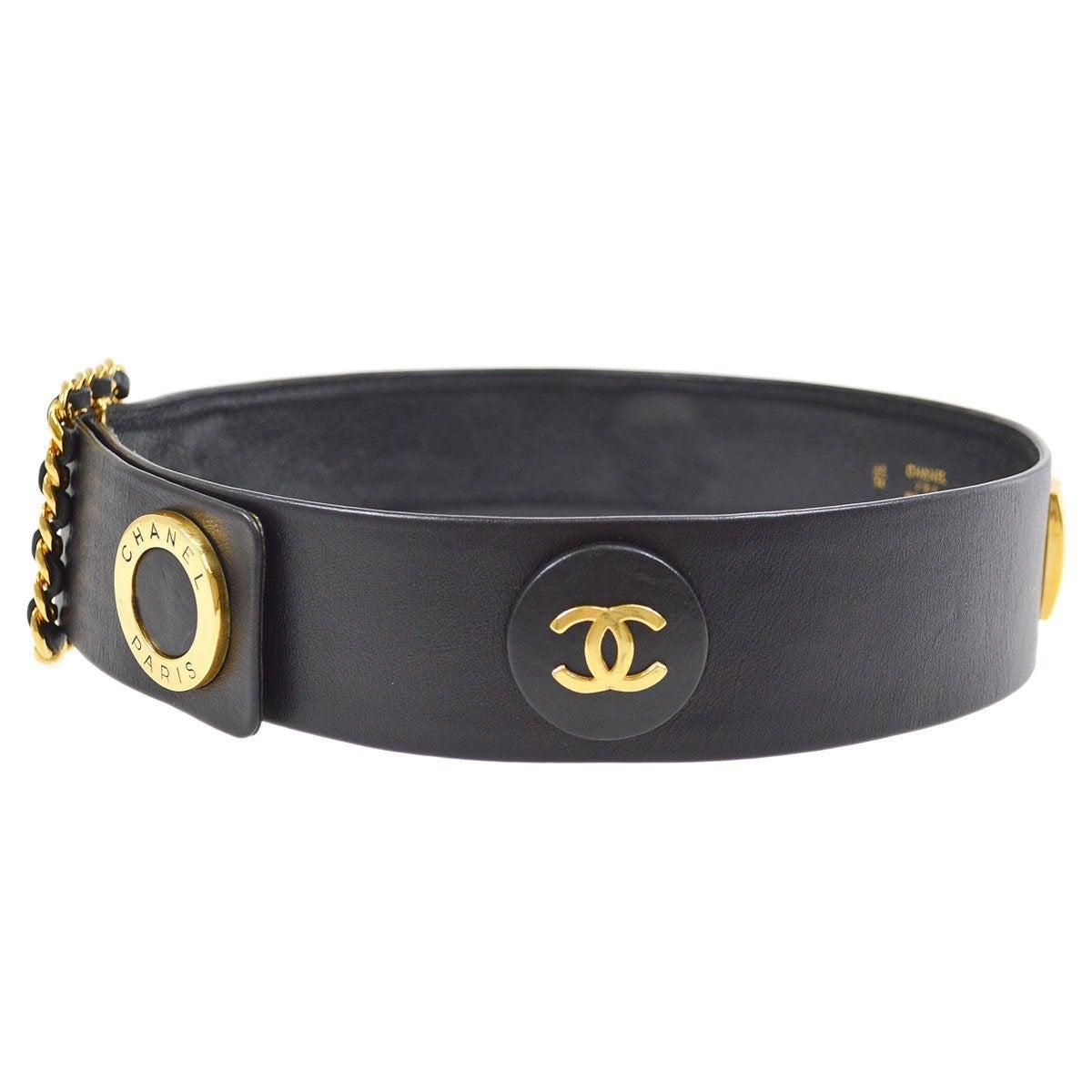 Women's CHANEL CC Black Leather Gold Metal Charm Waist Belt
