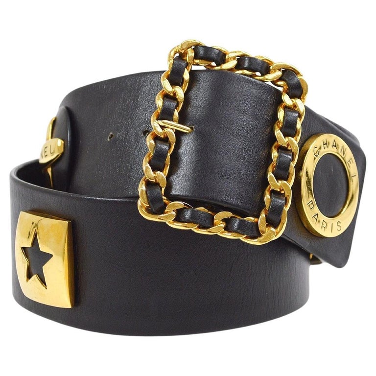CHANEL CC Black Leather Gold Metal Charm Waist Belt For Sale at 1stDibs