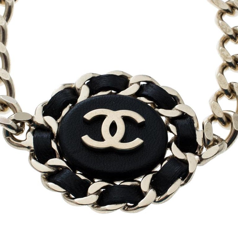Chanel CC Black Leather Gold Tone Chain Link Bracelet For Sale at 1stDibs