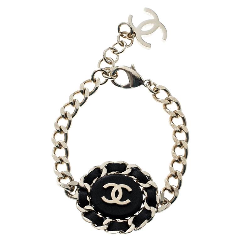 Chanel CC Black Leather Gold Tone Chain Link Bracelet