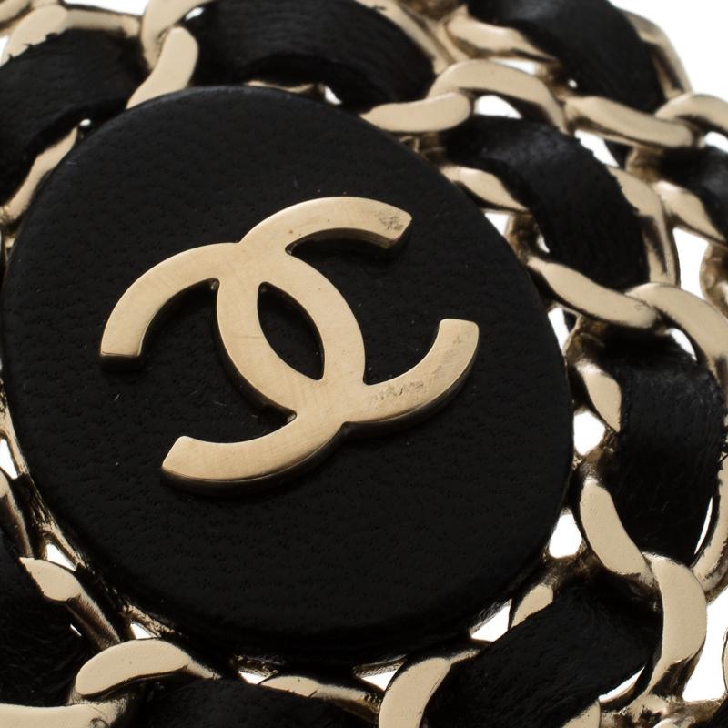Contemporary Chanel CC Black Leather Interlaced Gold Tone Pin Brooch