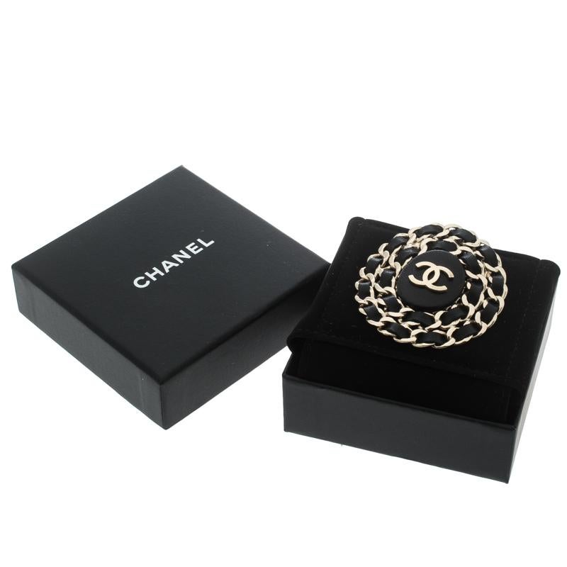 Women's Chanel CC Black Leather Interlaced Gold Tone Pin Brooch
