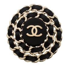 Chanel CC Black Leather Interlaced Gold Tone Pin Brooch