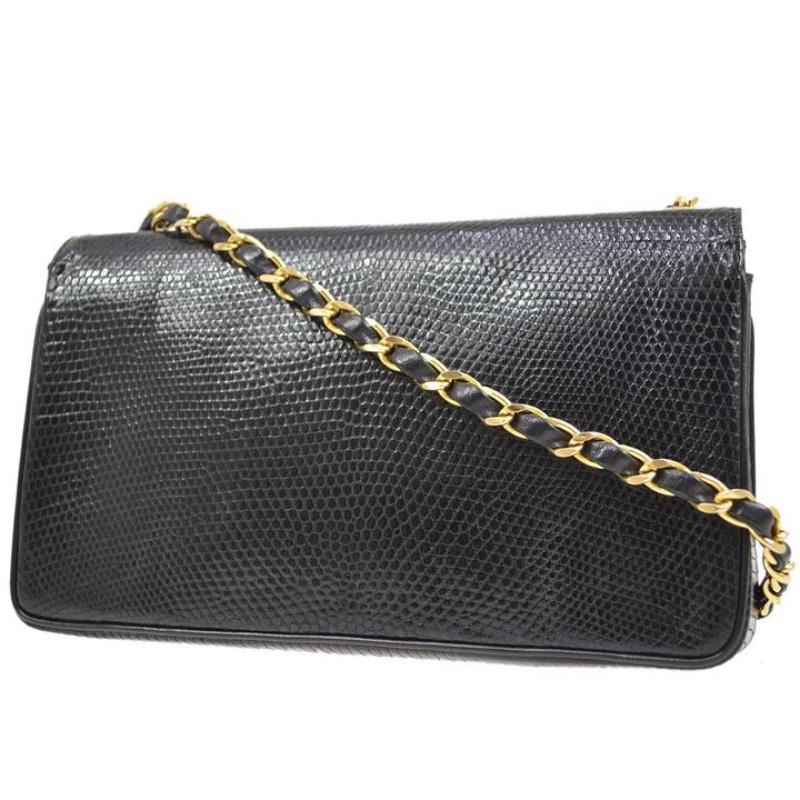 CHANEL CC Black Lizard Exotic Leather Gold Small Party Flap Shoulder Flap Bag In Good Condition For Sale In Chicago, IL