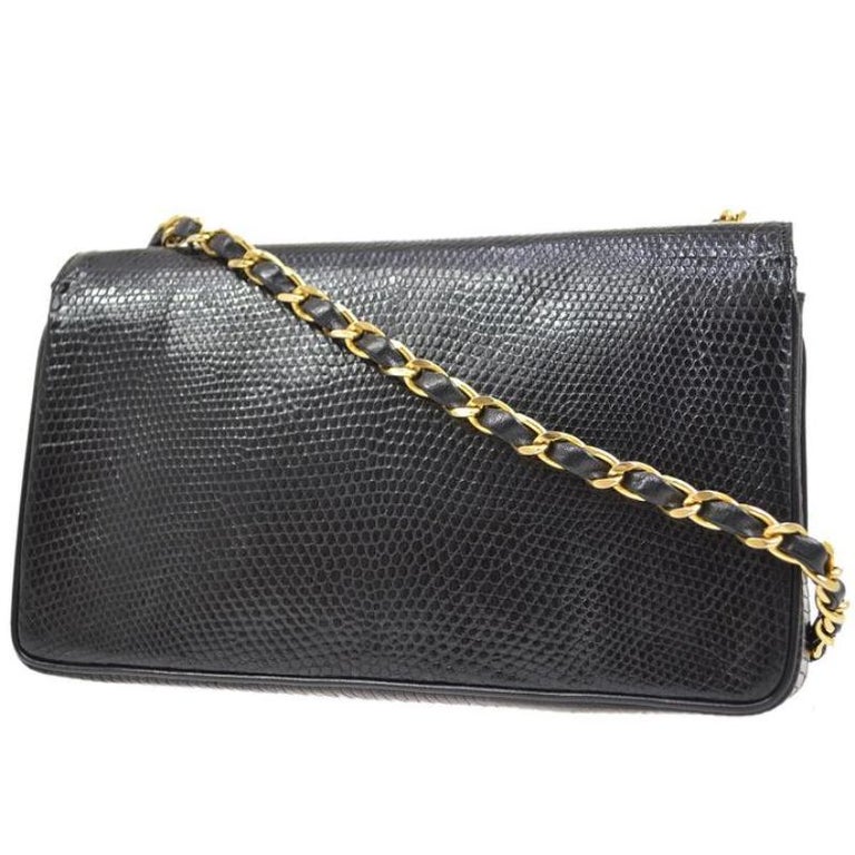 CHANEL CC Black Lizard Exotic Leather Gold Small Party Flap Shoulder Flap  Bag