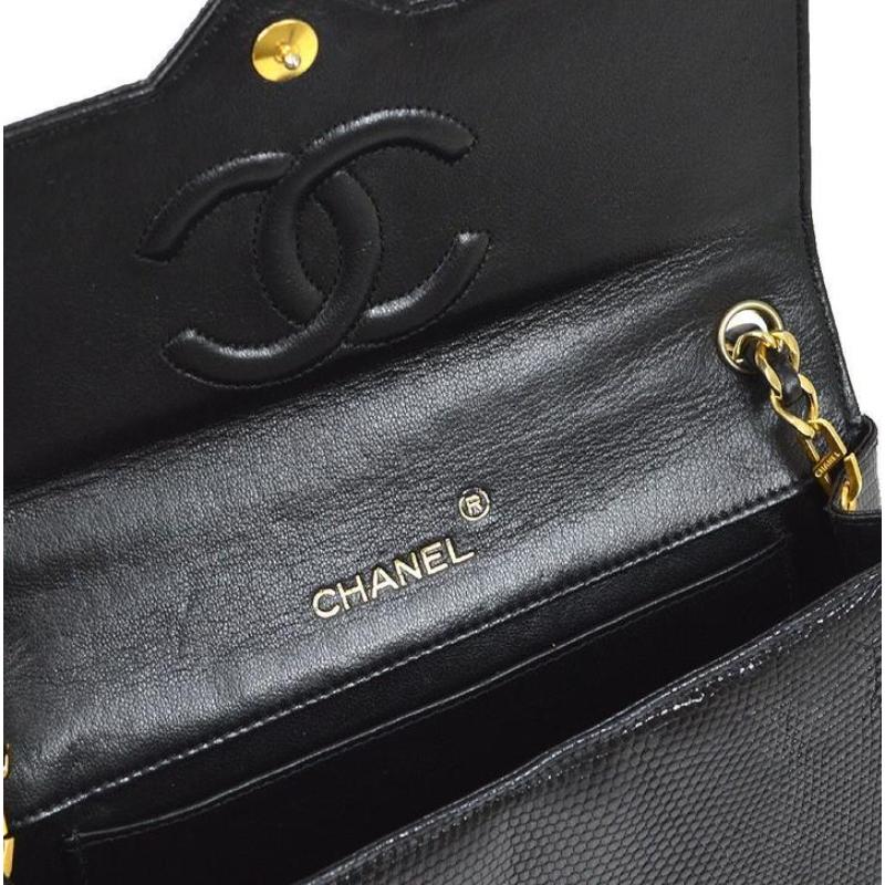 Women's CHANEL CC Black Lizard Exotic Leather Gold Small Party Flap Shoulder Flap Bag For Sale