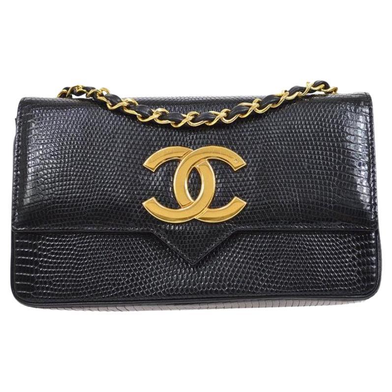 CHANEL CC Black Lizard Exotic Leather Gold Small Party Flap Shoulder Flap Bag