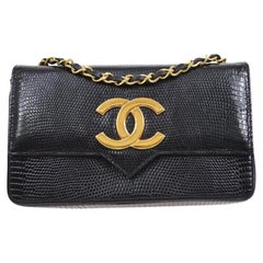 CHANEL CC Black Lizard Exotic Leather Gold Small Party Flap Shoulder Flap Bag