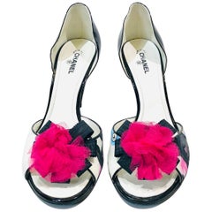 Chanel "CC" Black Pink Ribbon Open Toes Heels 