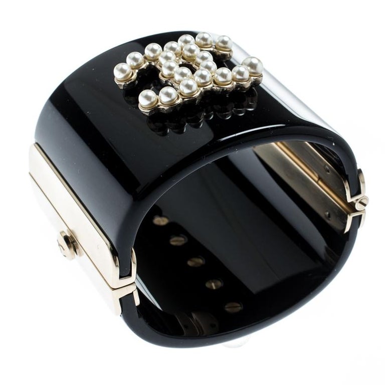 Chanel CC Black Resin Faux Pearls Embedded Asymmetric Cuff Bracelet For