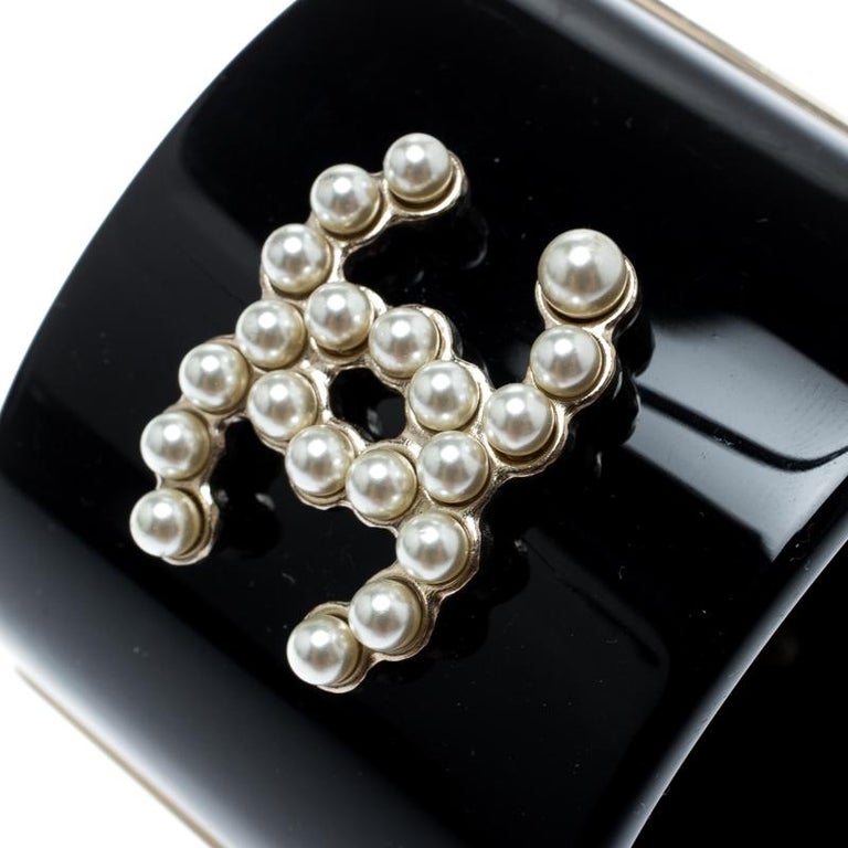 Chanel CC Black Resin Faux Pearls Embedded Asymmetric Cuff Bracelet For