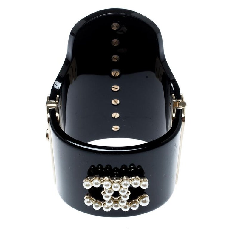 Chanel CC Black Resin Faux Pearls Embedded Asymmetric Cuff Bracelet For