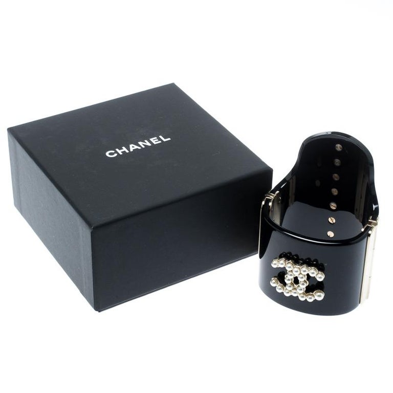 Chanel CC Black Resin Faux Pearls Embedded Asymmetric Cuff Bracelet For
