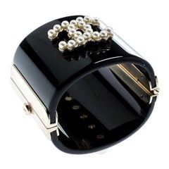 Chanel CC Black Resin Faux Pearls Embedded Asymmetric Cuff Bracelet
