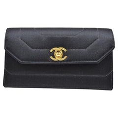 CHANEL CC Black Satin Small GOLD Evening Envelope Party Clutch Flap Bag