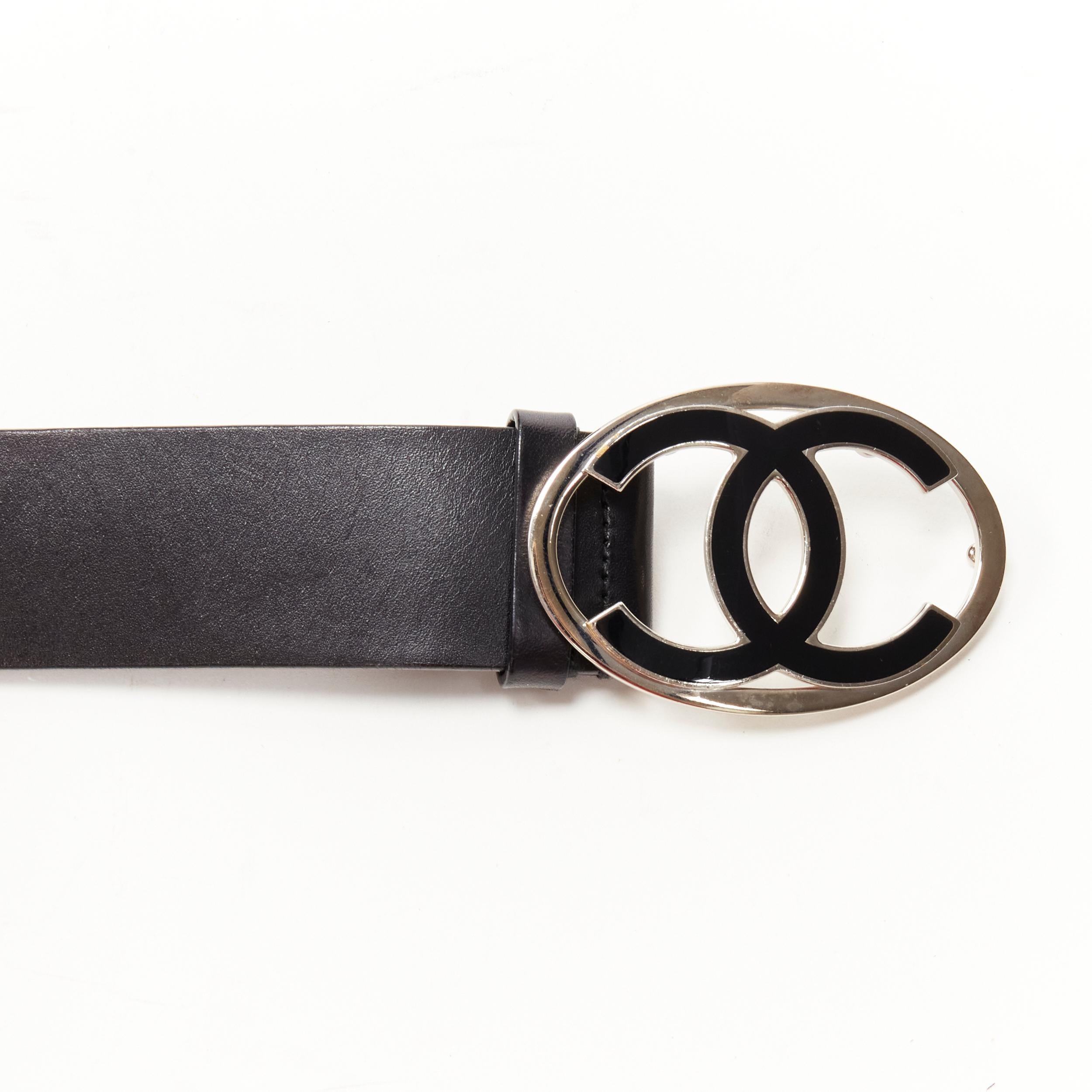CHANEL CC black silver logo oval buckle leather belt 90cm 35