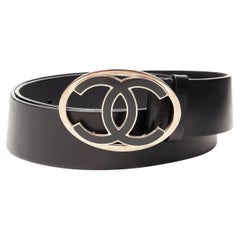 CHANEL CC black silver logo oval buckle leather belt 90cm 35"