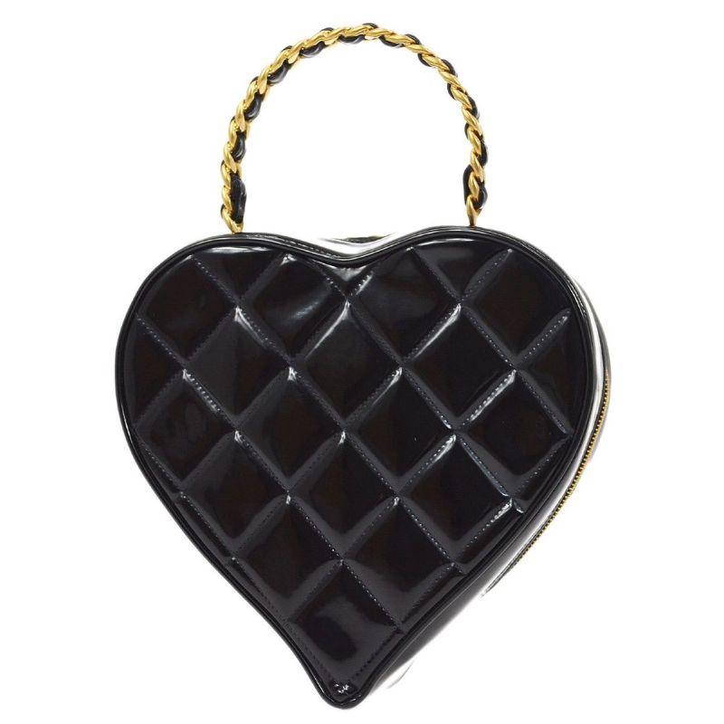 CHANEL CC Black White Patent Leather Gold Heart Vanity Top Handle ...