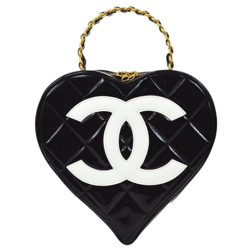 CHANEL CC Black White Patent Leather Gold Heart Vanity Top Handle