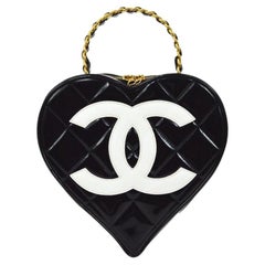 CHANEL CC Black White Patent Leather Gold Heart Vanity Top Handle Satchel Bag