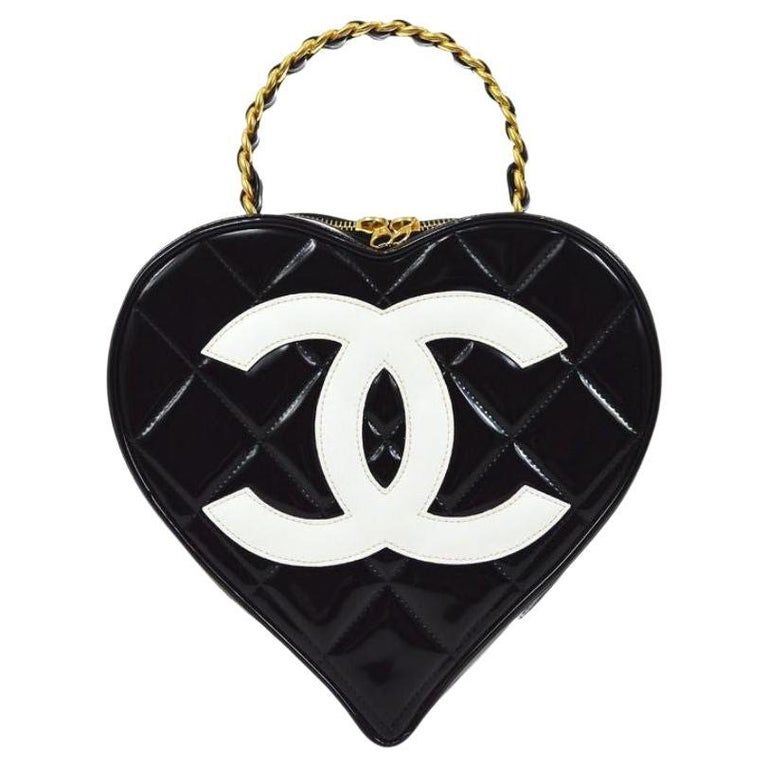 CHANEL CC Black White Patent Leather Gold Heart Vanity Top Handle Satchel Bag For Sale