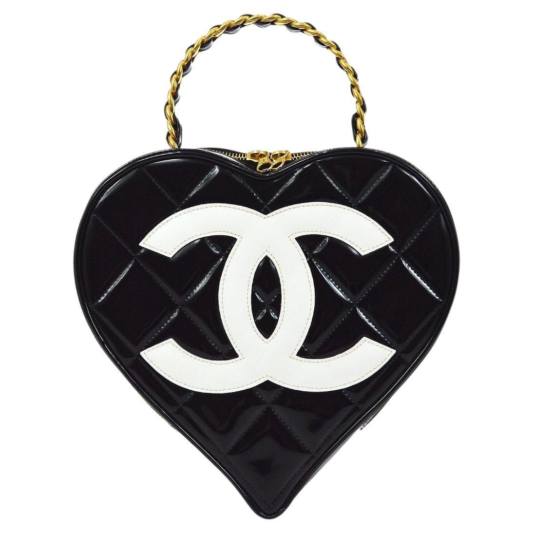 CHANEL CC Black White Patent Leather Heart Vanity Top Handle Satchel Bag