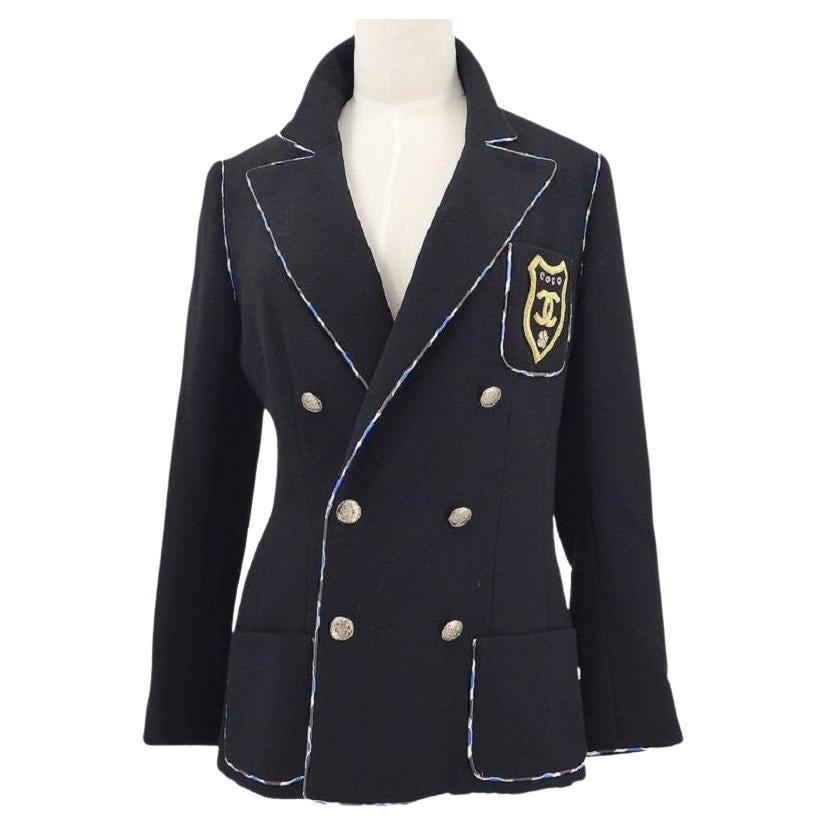 CHANEL CC Black Wool Gold Crest Double Breasted Women's Evening Jacket  Blazer For Sale at 1stDibs