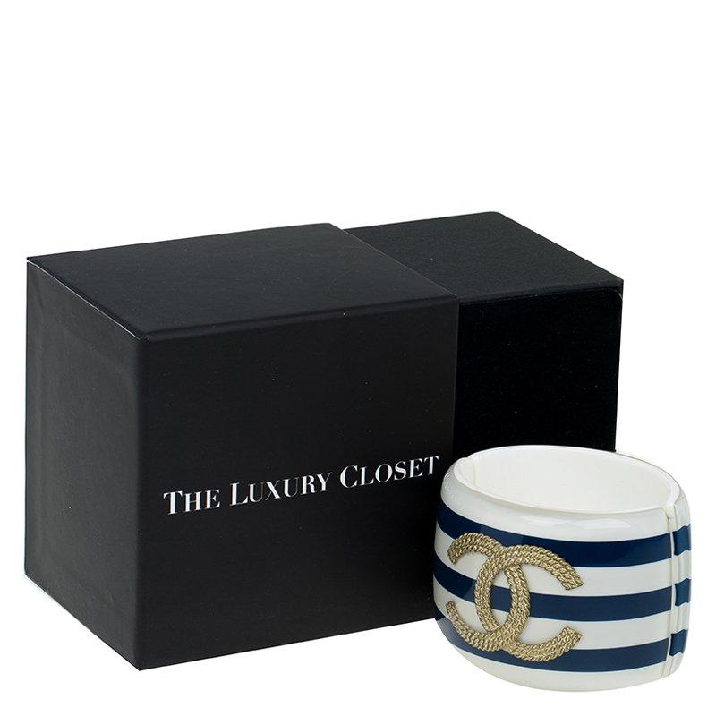 Chanel CC Blue and White Stripe Resin Bangle Bracelet 2