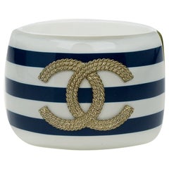 Chanel CC Blue and White Stripe Resin Bangle Bracelet