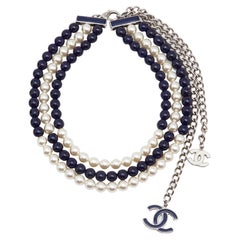 Chanel CC Blue Beads & Faux Pearl 3 Strand Silver Tone Necklace