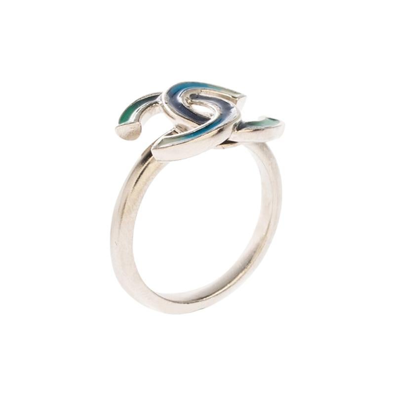 Chanel CC Blue Enamel Silver Tone Ring Size 52