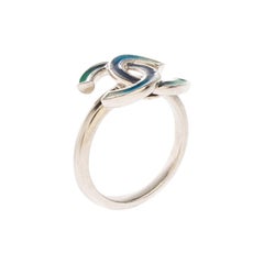 Chanel CC Blue Enamel Silver Tone Ring Size 52