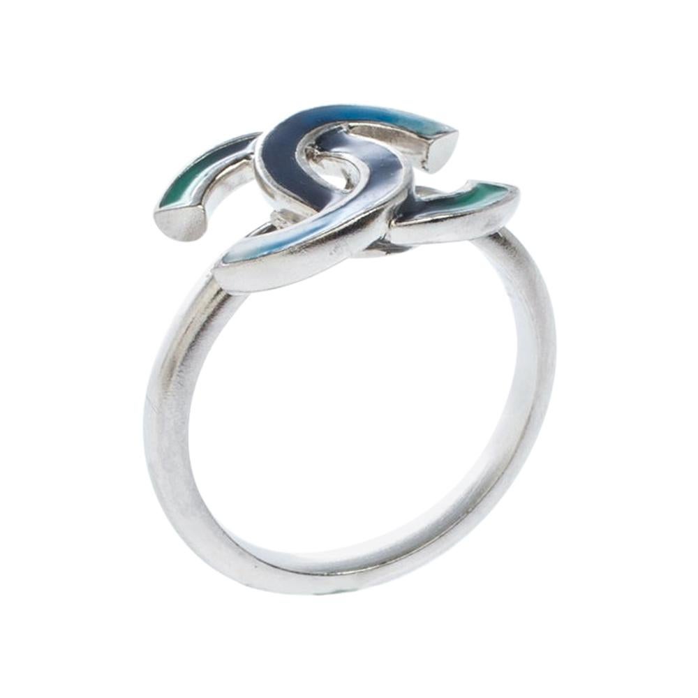 Chanel CC Blue Enamel Silver Tone Ring Size 54